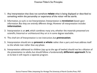 Freeman Tilden’s Six Principles
Source: Freeman Tilden, Interpreting Our Heritage,The University of North Carolina Press, ...