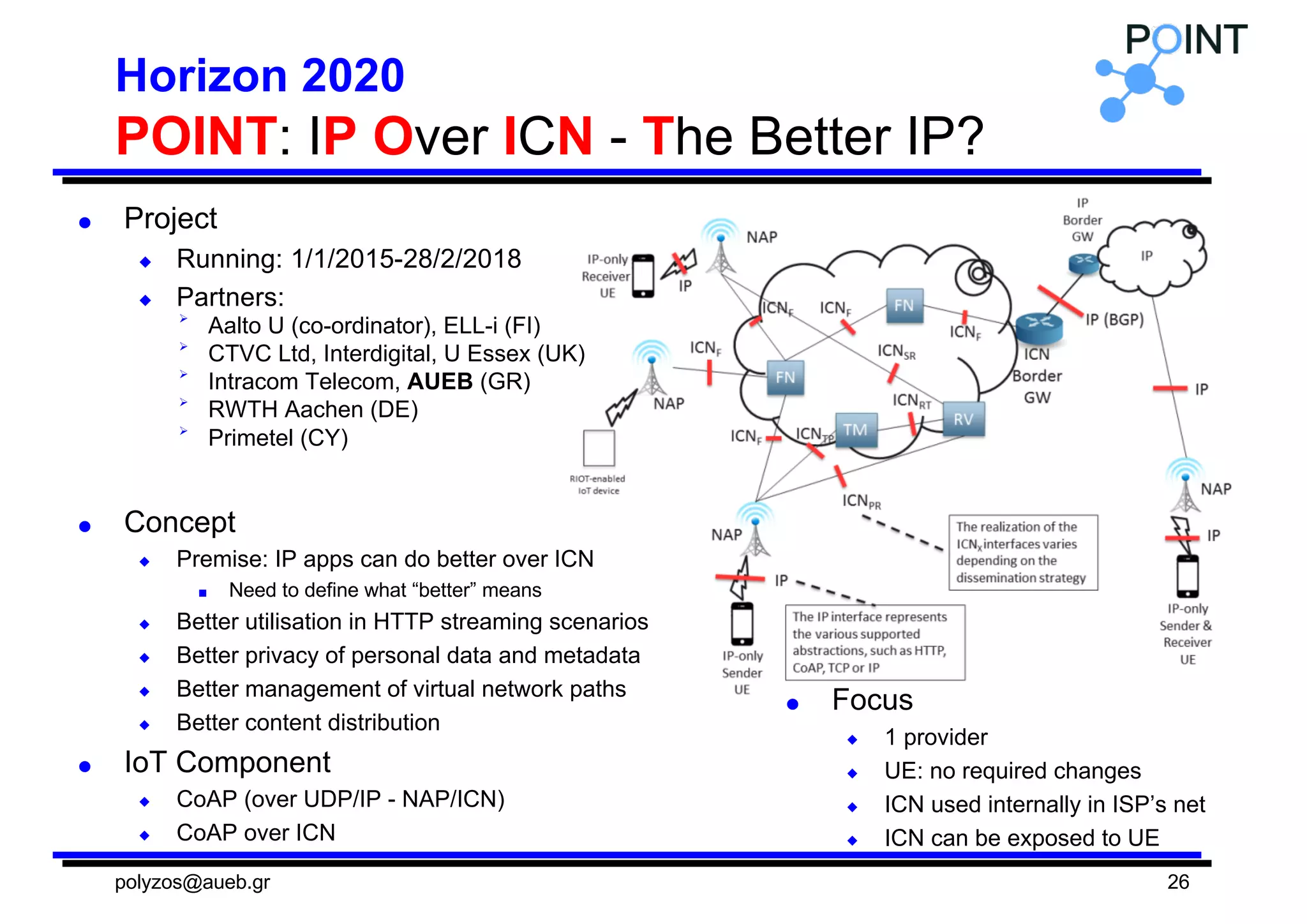 Horizon  2020
POINT:  IP Over  ICN -­ The  Better  IP?
● Project
◆ Running:  1/1/2015-­28/2/2018
◆ Partners:
Ø
Aalto  U  (co-­ordinator),  ELL-­i (FI)
Ø
CTVC Ltd,  Interdigital,  U  Essex  (UK)
Ø
Intracom Telecom,  AUEB (GR)
Ø
RWTH Aachen (DE)
Ø
Primetel (CY)
● Concept
◆ Premise:  IP  apps  can  do  better  over  ICN
■ Need  to  define  what  “better”  means
◆ Better  utilisation  in  HTTP  streaming  scenarios
◆ Better  privacy  of  personal  data  and  metadata
◆ Better  management  of  virtual  network  paths
◆ Better  content  distribution
● IoT  Component
◆ CoAP  (over  UDP/IP  -­ NAP/ICN)
◆ CoAP  over  ICN
26
● Focus
◆ 1  provider
◆ UE:  no  required  changes
◆ ICN used  internally  in  ISP’s  net
◆ ICN can  be  exposed  to  UE
polyzos@aueb.gr
 