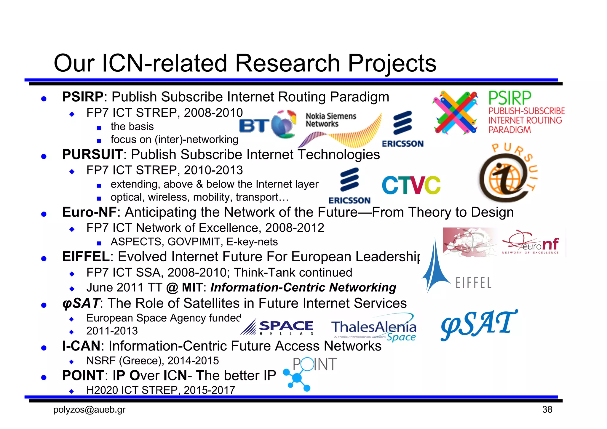 ● PSIRP:  Publish  Subscribe  Internet  Routing  Paradigm
◆ FP7  ICT  STREP,  2008-­2010
■ the  basis
■ focus  on  (inter)-­networking
● PURSUIT:  Publish  Subscribe  Internet  Technologies
◆ FP7  ICT  STREP,  2010-­2013
■ extending,  above  &  below  the  Internet  layer
■ optical,  wireless,  mobility,  transport…
● Euro-­NF:  Anticipating  the  Network  of  the  Future—From  Theory  to  Design
◆ FP7  ICT  Network  of  Excellence,  2008-­2012
■ ASPECTS,  GOVPIMIT,  E-­key-­nets
● EIFFEL:  Evolved  Internet  Future  For  European  Leadership  
◆ FP7  ICT  SSA,  2008-­2010;;  Think-­Tank  continued
◆ June  2011  TT  @  MIT:  Information-­Centric  Networking
● φSAT:  The  Role  of  Satellites  in  Future  Internet  Services
◆ European  Space  Agency  funded
◆ 2011-­2013
● I-­CAN:  Information-­Centric  Future  Access  Networks
◆ NSRF (Greece),  2014-­2015
● POINT:  IP Over  ICN-­ The  better  IP
◆ H2020  ICT  STREP,  2015-­2017
polyzos@aueb.gr 38
Our  ICN-­related  Research  Projects
 