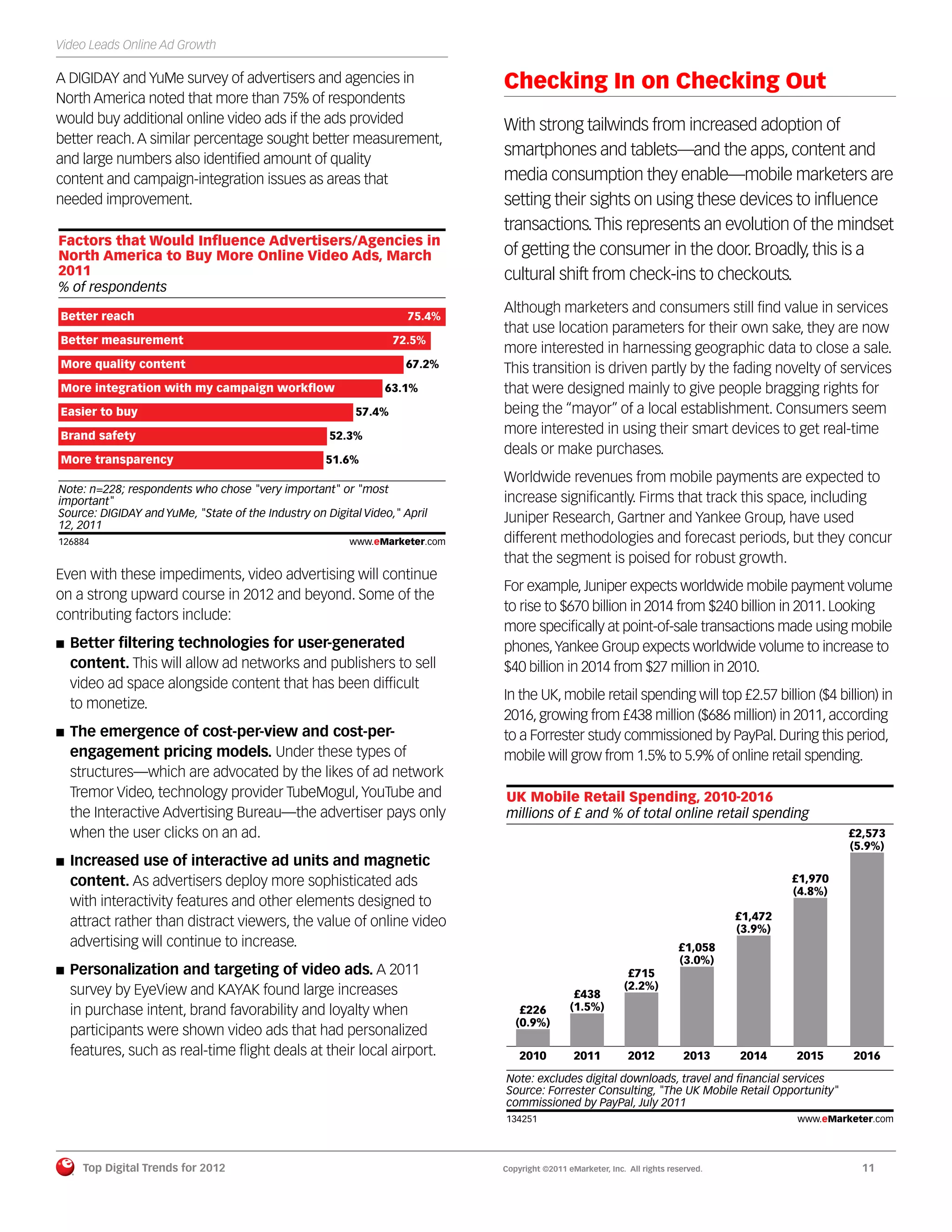 Video Leads Online Ad Growth

A DIGIDAY and YuMe survey of advertisers and agencies in                     Checking In on Checking Out
North America noted that more than 75% of respondents
would buy additional online video ads if the ads provided                    With strong tailwinds from increased adoption of
better reach. A similar percentage sought better measurement,
and large numbers also identiﬁed amount of quality
                                                                             smartphones and tablets—and the apps, content and
content and campaign-integration issues as areas that                        media consumption they enable—mobile marketers are
needed improvement.                                                          setting their sights on using these devices to inﬂuence
                                                                             transactions. This represents an evolution of the mindset
Factors that Would Inﬂuence Advertisers/Agencies in
North America to Buy More Online Video Ads, March                            of getting the consumer in the door. Broadly, this is a
2011                                                                         cultural shift from check-ins to checkouts.
% of respondents
                                                                             Although marketers and consumers still ﬁnd value in services
 Better reach                                                        75.4%
                                                                             that use location parameters for their own sake, they are now
 Better measurement                                               72.5%
                                                                             more interested in harnessing geographic data to close a sale.
 More quality content                                               67.2%    This transition is driven partly by the fading novelty of services
 More integration with my campaign workﬂow                      63.1%        that were designed mainly to give people bragging rights for
 Easier to buy                                            57.4%              being the “mayor” of a local establishment. Consumers seem
 Brand safety                                        52.3%
                                                                             more interested in using their smart devices to get real-time
                                                                             deals or make purchases.
 More transparency                                  51.6%
                                                                             Worldwide revenues from mobile payments are expected to
Note: n=228; respondents who chose "very important" or "most
important"                                                                   increase signiﬁcantly. Firms that track this space, including
Source: DIGIDAY and YuMe, "State of the Industry on Digital Video," April    Juniper Research, Gartner and Yankee Group, have used
12, 2011
126884                                                   www.eMarketer.com   different methodologies and forecast periods, but they concur
126884
                                                                             that the segment is poised for robust growth.
Even with these impediments, video advertising will continue
                                                                             For example, Juniper expects worldwide mobile payment volume
on a strong upward course in 2012 and beyond. Some of the
                                                                             to rise to $670 billion in 2014 from $240 billion in 2011. Looking
contributing factors include:
                                                                             more speciﬁcally at point-of-sale transactions made using mobile
   Better ﬁltering technologies for user-generated                           phones, Yankee Group expects worldwide volume to increase to
   content. This will allow ad networks and publishers to sell               $40 billion in 2014 from $27 million in 2010.
   video ad space alongside content that has been difﬁcult
                                                                             In the UK, mobile retail spending will top £2.57 billion ($4 billion) in
   to monetize.
                                                                             2016, growing from £438 million ($686 million) in 2011, according
   The emergence of cost-per-view and cost-per-                              to a Forrester study commissioned by PayPal. During this period,
   engagement pricing models. Under these types of                           mobile will grow from 1.5% to 5.9% of online retail spending.
   structures—which are advocated by the likes of ad network
   Tremor Video, technology provider TubeMogul, YouTube and                  UK Mobile Retail Spending, 2010-2016
   the Interactive Advertising Bureau—the advertiser pays only               millions of £ and % of total online retail spending
   when the user clicks on an ad.                                                                                                                     £2,573
                                                                                                                                                      (5.9%)
   Increased use of interactive ad units and magnetic
   content. As advertisers deploy more sophisticated ads                                                                                     £1,970
                                                                                                                                             (4.8%)
   with interactivity features and other elements designed to
                                                                                                                                    £1,472
   attract rather than distract viewers, the value of online video                                                                  (3.9%)
   advertising will continue to increase.                                                                                 £1,058
                                                                                                                          (3.0%)
   Personalization and targeting of video ads. A 2011                                                        £715
   survey by EyeView and KAYAK found large increases                                                        (2.2%)
                                                                                               £438
   in purchase intent, brand favorability and loyalty when                       £226         (1.5%)
                                                                                (0.9%)
   participants were shown video ads that had personalized
   features, such as real-time ﬂight deals at their local airport.               2010          2011          2012          2013     2014     2015     2016

                                                                             Note: excludes digital downloads, travel and ﬁnancial services
                                                                             Source: Forrester Consulting, "The UK Mobile Retail Opportunity"
                                                                             commissioned by PayPal, July 2011
                                                                             134251                                                          www.eMarketer.com
                                                                             134251



         Top Digital Trends for 2012                                         Copyright ©2011 eMarketer, Inc. All rights reserved.                       11
 