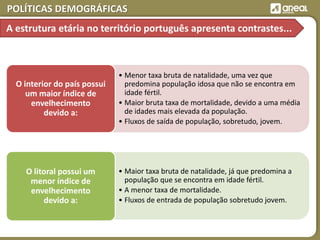 POLÍTICAS DEMOGRÁFICAS
• Menor taxa bruta de natalidade, uma vez que
predomina população idosa que não se encontra em
idade fértil.
• Maior bruta taxa de mortalidade, devido a uma média
de idades mais elevada da população.
• Fluxos de saída de população, sobretudo, jovem.
O interior do país possui
um maior índice de
envelhecimento
devido a:
• Maior taxa bruta de natalidade, já que predomina a
população que se encontra em idade fértil.
• A menor taxa de mortalidade.
• Fluxos de entrada de população sobretudo jovem.
O litoral possui um
menor índice de
envelhecimento
devido a:
A estrutura etária no território português apresenta contrastes...
 