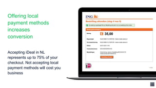Offering local
payment methods
increases
conversion
Accepting iDeal in NL
represents up to 75% of your
checkout. Not accepting local
payment methods will cost you
business
 
