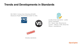 Trends and Developments in Standards
EN 16931-1 driven from Directive 2014/55
Electronic Public Procurement (CEN TC 440)
Locally driven standards – public
Sector mandated
EU - Spain, Italy, Slovenia etc
Lat-Am – Mexico, Chile, Brazil etc
Others - Australia etc
Industry standards
 