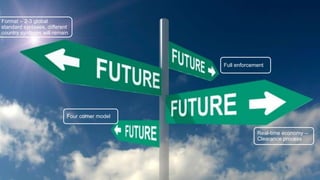 What do target to?Format – 2-3 global
standard syntaxes, different
country syntaxes will remain
Real-time economy –
Clearance process
Four corner model
Full enforcement
 