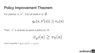 Policy Improvement Theorem
For policies , if for all state ,
Then, is at least as good a policy as .
(Strict inequality if )
 