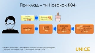 Приклад – ти Новачок К04
перше
замовлення
від 50 ББ
Знижка -33%
+ аромат -70%
Додай ще
50 ББ*
5 UNICE
+ 3 THALIA
-70%
В К05 і К06
роби
замовлення по
100 ББ
* Можна розмістити 1 замовлення на суму 100 ББ і одразу обрати
1 аромат, 5 продуктів UNICE і 3 продукти THALIA з -70%
В К07 отримай
500 грн на покупки
за замовлення
від 50 ББ
 