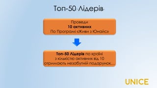 Топ-50 Лідерів
Проведи
10 активних
По Програмі «Живи з Юнайс»
Топ-50 Лідерів по країні
з кількістю активних від 10
отримають незабутній подарунок…
 