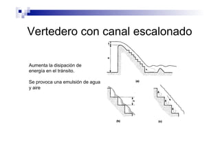 Vertedero con canal escalonado
Aumenta la disipación de
energía en el tránsito.
Se provoca una emulsión de agua
y aire
 