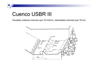 Cuenco USBR III
Caudales unitarios menores que 18 m3/s/m, velocidades menores que 18 m/s
 