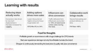 CONSUMER HEALTH
Learning with results
Conversion rate driven
by new tech
implemented in
Hot Sale increased by
+300%
Lower discounts but
higher amount of skus
to get better UX
NTG Mix 9% to 34%
Reducing steps
actually works
Adding options
drives more sales
Traffic delivered form
influencers accounted
for 10% of total brand
online sales during
Hot Sale.
Secure forecasting and
product delivery on
time.
Fill Rate +90%
Influencers can
drive conversion
Collaborative work
brings results
11
Food for thoughts
Profitable growth on ecommerce is still a huge challenge for CPG brands
Bad user experience damage not only theeRetailer but also the brand
Shopper is continuously demanding the best price &quality ratio plus convenience
 
