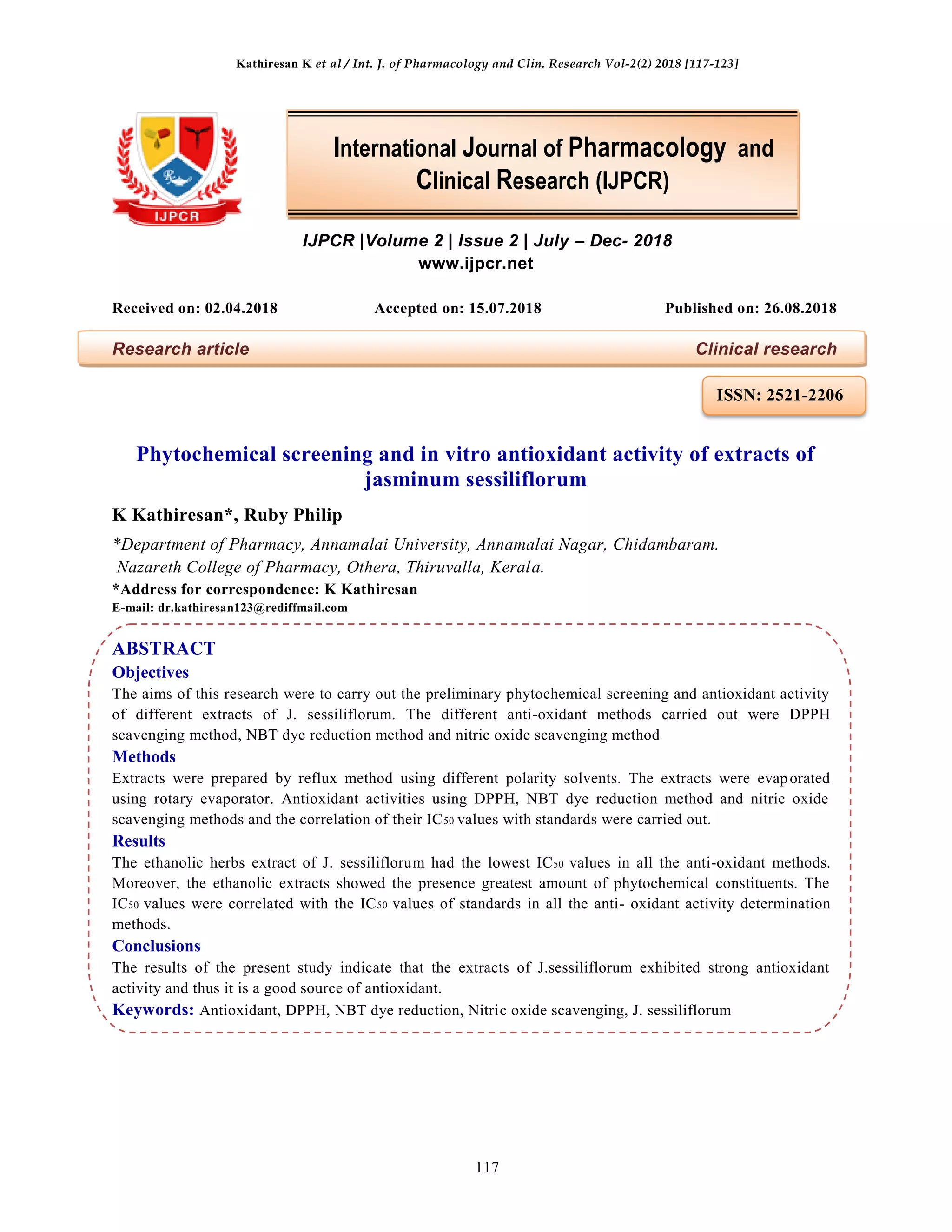Phytochemical screening and in vitro antioxidant activity of extracts ...