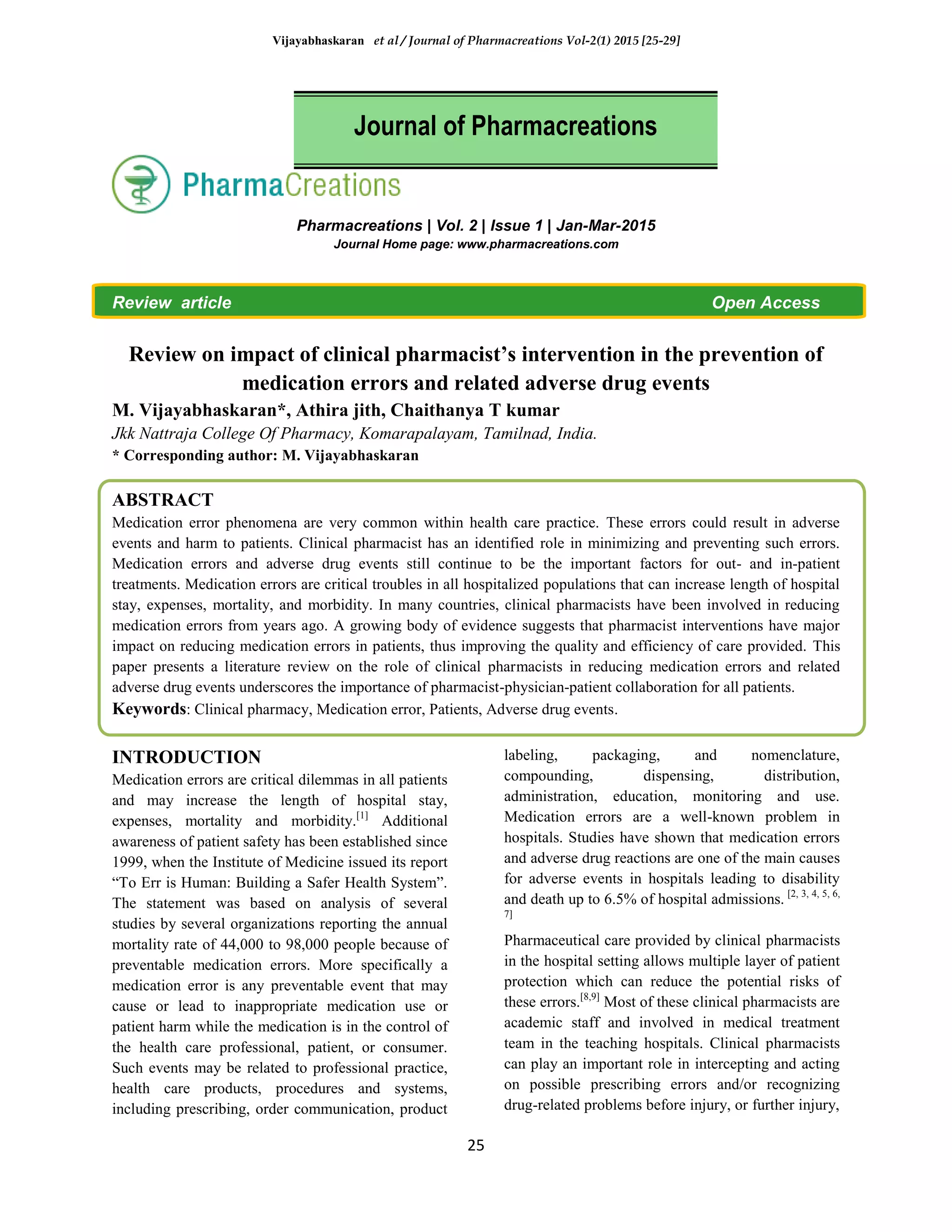 Review on impact of clinical pharmacist’s intervention in the ...