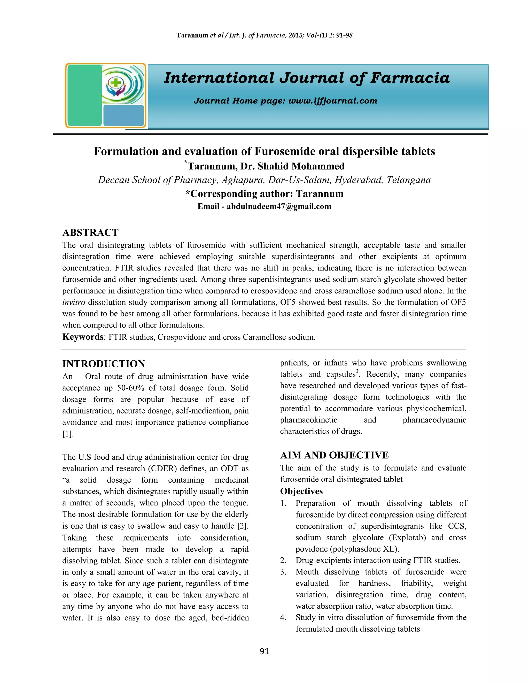Formulation and evaluation of Furosemide oral dispersible tablets | PDF
