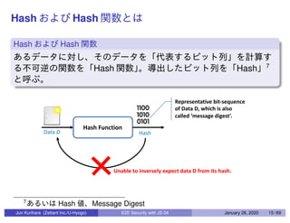 Hash Hash
Hash Hash
Hash Hash 7
7
Hash Message Digest
Jun Kurihara (Zettant Inc./U-Hyogo) E2E Security with JS 04 January 26, 2020 15 / 69
 