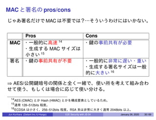 MAC pros/cons
MAC
Pros Cons
MAC 14
MAC
15
16
⇒ AES/
14
AES (CMAC) Hash (HMAC)
15
128–512bits
16
ECDSA 256–512bits RSA 2048bits
Jun Kurihara (Zettant Inc./U-Hyogo) E2E Security with JS 04 January 26, 2020 30 / 69
 