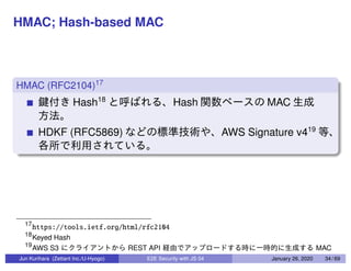 HMAC; Hash-based MAC
HMAC (RFC2104)17
Hash18
Hash MAC
HDKF (RFC5869) AWS Signature v419
17
https://tools.ietf.org/html/rfc2104
18
Keyed Hash
19
AWS S3 REST API MAC
Jun Kurihara (Zettant Inc./U-Hyogo) E2E Security with JS 04 January 26, 2020 34 / 69
 