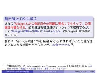 2: PKI
Verisign
Verisign Trust Anchor (Verisign
)
2 Verisign 1 Trust Anchor
34
34
Let’s encrypt (https://letsencrypt.org/)
Let’s encrypt
Jun Kurihara (Zettant Inc./U-Hyogo) E2E Security with JS 04 January 26, 2020 63 / 69
 