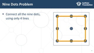  Connect all the nine dots,
using only 4 lines
Nine Dots Problem
12
 