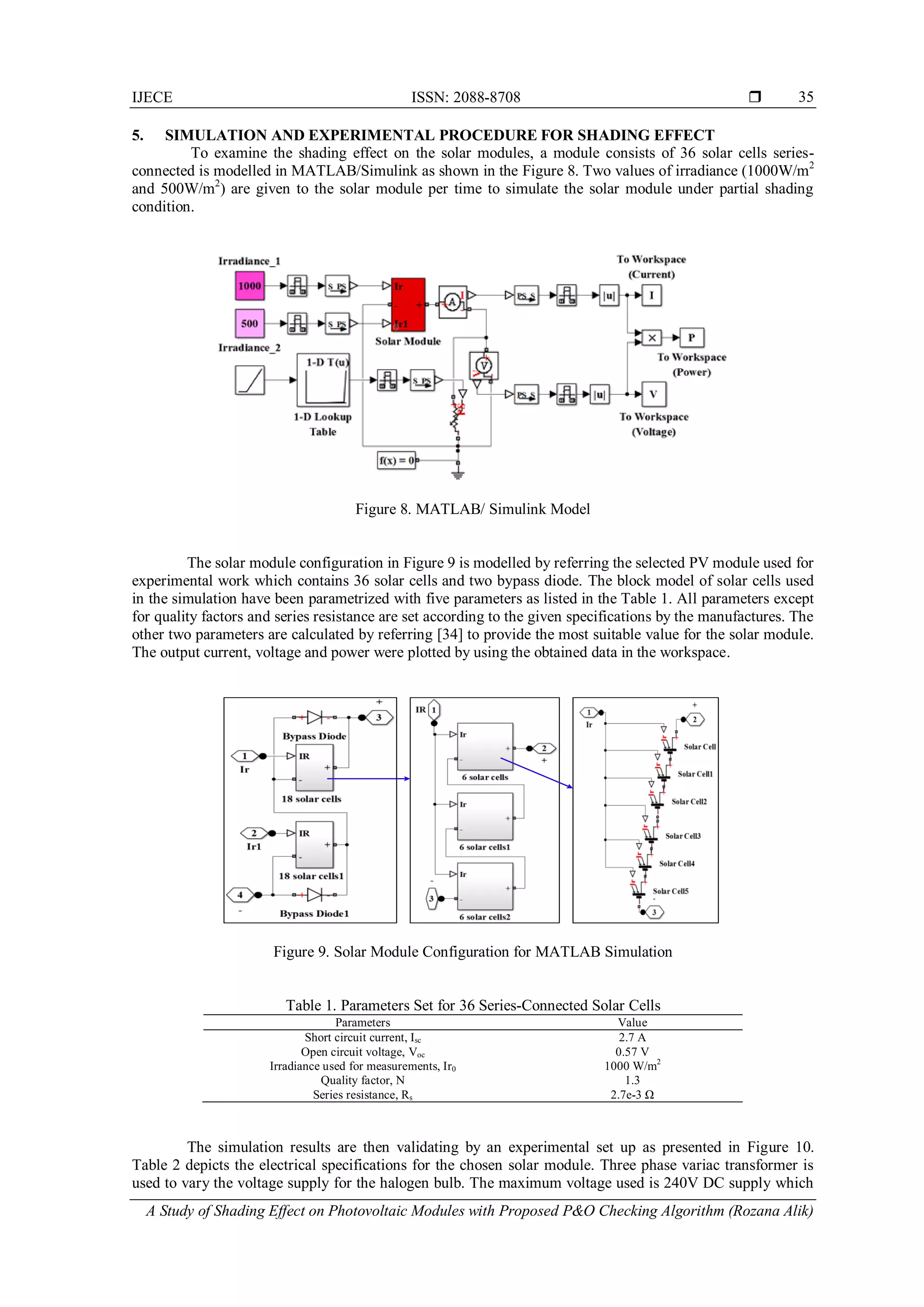 IJECE ISSN: 2088-8708 
A Study of Shading Effect on Photovoltaic Modules with Proposed P&O Checking Algorithm (Rozana Alik)
35
5. SIMULATION AND EXPERIMENTAL PROCEDURE FOR SHADING EFFECT
To examine the shading effect on the solar modules, a module consists of 36 solar cells series-
connected is modelled in MATLAB/Simulink as shown in the Figure 8. Two values of irradiance (1000W/m2
and 500W/m2
) are given to the solar module per time to simulate the solar module under partial shading
condition.
Figure 8. MATLAB/ Simulink Model
The solar module configuration in Figure 9 is modelled by referring the selected PV module used for
experimental work which contains 36 solar cells and two bypass diode. The block model of solar cells used
in the simulation have been parametrized with five parameters as listed in the Table 1. All parameters except
for quality factors and series resistance are set according to the given specifications by the manufactures. The
other two parameters are calculated by referring [34] to provide the most suitable value for the solar module.
The output current, voltage and power were plotted by using the obtained data in the workspace.
Figure 9. Solar Module Configuration for MATLAB Simulation
Table 1. Parameters Set for 36 Series-Connected Solar Cells
Parameters Value
Short circuit current, Isc 2.7 A
Open circuit voltage, Voc 0.57 V
Irradiance used for measurements, Ir0 1000 W/m2
Quality factor, N 1.3
Series resistance, Rs 2.7e-3 Ω
The simulation results are then validating by an experimental set up as presented in Figure 10.
Table 2 depicts the electrical specifications for the chosen solar module. Three phase variac transformer is
used to vary the voltage supply for the halogen bulb. The maximum voltage used is 240V DC supply which
 