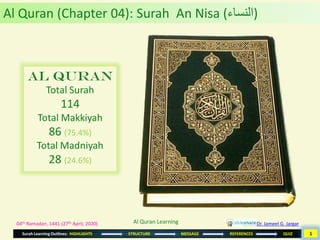 Surah Learning Outlines: HIGHLIGHTS STRUCTURE MESSAGE REFERENCES QUIZ
04th Ramadan, 1441 (27th April, 2020)
Al Quran
Total Surah
114
Total Makkiyah
86 (75.4%)
Total Madniyah
28 (24.6%)
Al Quran (Chapter 04): Surah An Nisa (‫)النساء‬
Dr. Jameel G. JargarAl Quran Learning
1
 