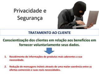 Privacidade e
Segurança
TRATAMENTO AO CLIENTE
Conscientização dos clientes em relação aos benefícios em
fornecer voluntariamente seus dados.
1.

Recebimento de informações de produtos mais aderentes a sua
necessidade.

2.

Redução de mensagens inúteis através de uma maior coerência entre as
ofertas comerciais e suas reais necessidades.

 
