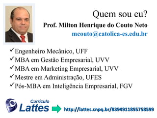 Quem sou eu?
Prof. Milton Henrique do Couto Neto
mcouto@catolica-es.edu.br
Engenheiro Mecânico, UFF
MBA em Gestão Empresarial, UVV
MBA em Marketing Empresarial, UVV
Mestre em Administração, UFES
Pós-MBA em Inteligência Empresarial, FGV
 http://lattes.cnpq.br/8394911895758599

 
