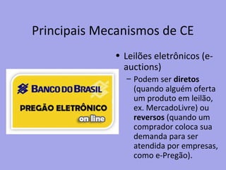 Principais Mecanismos de CE
• Leilões eletrônicos (e-
auctions)
– Podem ser diretos
(quando alguém oferta
um produto em leilão,
ex. MercadoLivre) ou
reversos (quando um
comprador coloca sua
demanda para ser
atendida por empresas,
como e-Pregão).
 