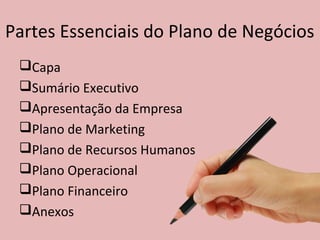 Capa
Sumário Executivo
Apresentação da Empresa
Plano de Marketing
Plano de Recursos Humanos
Plano Operacional
Plano Financeiro
Anexos
Partes Essenciais do Plano de Negócios
 