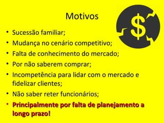 Motivos
• Sucessão familiar;
• Mudança no cenário competitivo;
• Falta de conhecimento do mercado;
• Por não saberem comprar;
• Incompetência para lidar com o mercado e
fidelizar clientes;
• Não saber reter funcionários;
• Principalmente por falta de planejamento aPrincipalmente por falta de planejamento a
longo prazo!longo prazo!
 