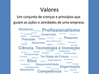 Valores
Um conjunto de crenças e princípios que
guiam as ações e atividades de uma empresa.
 
