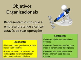 Objetivos
Organizacionais
Representam os fins que a
empresa pretende alcançar
através de suas operações
Importante:Importante:
•Numa empresa, geralmente, existe
mais de um objetivo;
•Face a escassez de recursos, os
estrategistas devem estabelecer
prioridades entre os objetivos.
Vantagens:Vantagens:
•Objetivos ajudam na tomada de
decisão;
•Objetivos fornecem padrões para
medir a performance da empresa;
•Objetivos são mais fáceis de se
transformar em ação do que a
missão.
 