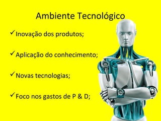 Ambiente Tecnológico
Inovação dos produtos;
Aplicação do conhecimento;
Novas tecnologias;
Foco nos gastos de P & D;
 
