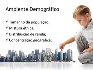 Ambiente Demográfico
Tamanho da população;
Mistura étnica;
Distribuição de renda;
Concentração geográfica;
 
