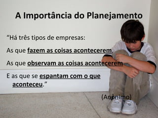 A Importância do Planejamento
“Há três tipos de empresas:
As que fazem as coisas acontecerem,
As que observam as coisas acontecerem
E as que se espantam com o que
aconteceu.”
(Anônimo)
 
