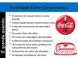 Rivalidade Entre Concorrentes
 O número de concorrentes é muito
grande;
 A diversidade desses concorrentes é alta;
 A taxa de crescimento da mercado é
baixa;
 Os custos fixos são altos;
 Os custos de estocagem são elevados;
 A diferenciação de produto é pequena;
 Os custos de troca entre produtos da
concorrência são baixos;
 As barreiras de saída são elevadas;
 As apostas estratégicas são altas.
Égrandequando:Égrandequando:
 