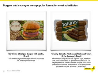 22
Burgers and sausages are a popular format for meat substitutes
Gerônimo Chickpea Burger with Leeks,
Brazil
This artisan vegetarian burger contains no added
oils, fats or preservatives.
Tofurky Salsicha Kielbassa (Kielbasa Polish-
Style Sausage), Brazil
Meatless sausage made with organic soya, free from
milk, and is described as gourmet and delicious. The
vegan product is kosher certified, suitable for outdoor
grills and microwave, and retails in a 397g recyclable
pack featuring the Non-GMO project logo.
Source: Mintel GNPD
 