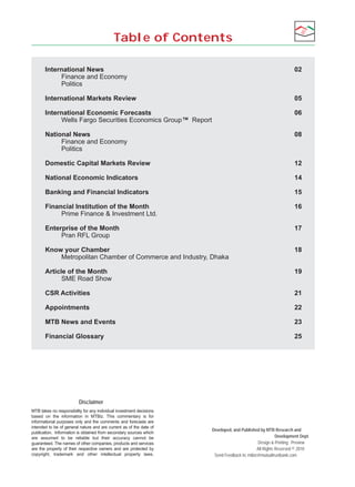 Table of Contents
International News 

Finance and Economy

Politics

02



International Markets Review

05

International Economic Forecasts

Wells Fargo Securities Economics Group™ Report

06

National News 

Finance and Economy

Politics

08

Domestic Capital Markets Review

12

National Economic Indicators

14

Banking and Financial Indicators

15

Financial Institution of the Month 

Prime Finance & Investment Ltd.

16

Enterprise of the Month

Pran RFL Group

17

Know your Chamber

Metropolitan Chamber of Commerce and Industry, Dhaka

18

Article of the Month

SME Road Show

19

CSR Activities

21

Appointments

22

MTB News and Events

23

Financial Glossary

25

Disclaimer
MTB takes no responsibility for any individual investment decisions
based on the information in MTBiz. This commentary is for
informational purposes only and the comments and forecasts are
intended to be of general nature and are current as of the date of
publication. Information is obtained from secondary sources which
are assumed to be reliable but their accuracy cannot be
guaranteed. The names of other companies, products and services
are the property of their respective owners and are protected by
copyright, trademark and other intellectual property laws.

Developed, and Published by MTB Research and
Development Dept.
Design & Printing : Preview
All Rights Reserved © 2010
Send Feedback to: mtbiz@mutualtrustbank.com

 