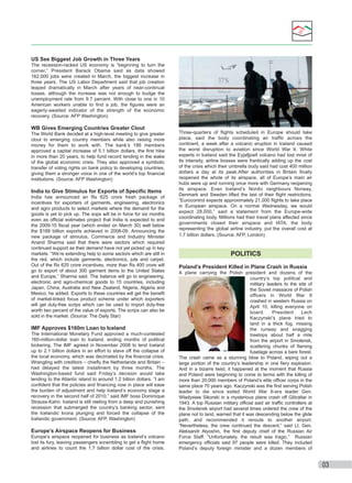 US See Biggest Job Growth in Three Years
The recession-racked US economy is “beginning to turn the
corner,” President Barack Obama said as data showed
162,000 jobs were created in March, the biggest increase in
three years. The US Labor Department said that job creation
leaped dramatically in March after years of near-continual
losses, although the increase was not enough to budge the
unemployment rate from 9.7 percent. With close to one in 10
American workers unable to ﬁnd a job, the ﬁgures were an
eagerly-awaited indicator of the strength of the economic
recovery. (Source: AFP Washington)

WB Gives Emerging Countries Greater Clout
The World Bank decided at a high-level meeting to give greater
clout to emerging country members while also raising more
money for them to work with. The bank’s 186 members
approved a capital increase of 5.1 billion dollars, the ﬁrst hike
in more than 20 years, to help fund record lending in the wake
of the global economic crisis. They also approved a symbolic
transfer of voting rights on bank policy to developing countries,
giving them a stronger voice in one of the world’s top ﬁnancial
institutions. (Source: AFP Washington)

India to Give Stimulus for Exports of Speciﬁc Items
India has announced an Rs 625 crore fresh package of
incentives for exporters of garments, engineering, electronics
and agro products to select markets where the demand for the
goods is yet to pick up. The sops will be in force for six months
even as ofﬁcial estimates project that India is expected to end
the 2009-10 ﬁscal year (which ended on March 30) well below
the $189 billion exports achieved in 2008-09. Announcing the
new package of stimulus, Commerce and Industry Minister
Anand Sharma said that there were sectors which required
continued support as their demand have not yet picked up in key
markets. “We’re extending help to some sectors which are still in
the red, which include garments, electronics, jute and carpet.
Out of the Rs 625 crore incentives, more than Rs 400 crore will
go to export of about 300 garment items to the United States
and Europe,” Sharma said. The balance will go to engineering,
electronic and agro-chemical goods to 15 countries, including
Japan, China, Australia and New Zealand, Nigeria, Algeria and
Mexico, he added. Exports to these countries will get the beneﬁt
of market-linked focus product scheme under which exporters
will get duty-free scrips which can be used to import duty-free
worth two percent of the value of exports. The scrips can also be
sold in the market. (Source: The Daily Star)

IMF Approves $160m Loan to Iceland
The International Monetary Fund approved a much-contested
160-million-dollar loan to Iceland, ending months of political
bickering. The IMF agreed in November 2008 to lend Iceland
up to 2.1 billion dollars in an effort to stave off the collapse of
the local economy, which was decimated by the ﬁnancial crisis.
Wrangling with creditors – chieﬂy the Netherlands and Britain –
had delayed the latest installment by three months. The
Washington-based fund said Friday’s decision would take
lending to the Atlantic island to around 1.2 billion dollars. “I am
conﬁdent that the policies and ﬁnancing now in place will ease
the burden of adjustment and help Iceland’s economy stage a
recovery in the second half of 2010,” said IMF boss Dominique
Strauss-Kahn. Iceland is still reeling from a deep and punishing
recession that submerged the country’s banking sector, sent
the Icelandic krona plunging and forced the collapse of the
Icelandic government. (Source: AFP, Washington)

Europe’s Airspace Reopens for Business
Europe’s airspace reopened for business as Iceland’s volcano
lost its fury, leaving passengers scrambling to get a ﬂight home
and airlines to count the 1.7 billion dollar cost of the crisis.

Three-quarters of ﬂights scheduled in Europe should take
place, said the body coordinating air trafﬁc across the
continent, a week after a volcanic eruption in Iceland caused
the worst disruption to aviation since World War II. While
experts in Iceland said the Eyjafjjoell volcano had lost most of
its intensity, airline bosses were frantically adding up the cost
of the crisis which their umbrella body said had cost 400 million
dollars a day at its peak.After authorities in Britain ﬁnally
reopened the whole of its airspace, all of Europe’s main air
hubs were up and running once more with Germany reopening
its airspace. Even Iceland’s Nordic neighbours Norway,
Denmark and Sweden lifted the last of their ﬂight restrictions.
“Eurocontrol expects approximately 21,000 ﬂights to take place
in European airspace. On a normal Wednesday, we would
expect 28,000,” said a statement from the Europe-wide
coordinating body. Millions had their travel plans affected since
governments closed their airspace and IATA, the body
representing the global airline industry, put the overall cost at
1.7 billion dollars. (Source: AFP, London)

POLITICS
Poland’s President Killed in Plane Crash in Russia
A plane carrying the Polish president and dozens of the
country’s top political and
military leaders to the site of
the Soviet massacre of Polish
ofﬁcers in World War II
crashed in western Russia on
April 10, killing everyone on
board.
President
Lech
Kaczynski’s plane tried to
land in a thick fog, missing
the runway and snagging
treetops about half a mile
from the airport in Smolensk,
scattering chunks of ﬂaming
fuselage across a bare forest.
The crash came as a stunning blow to Poland, wiping out a
large portion of the country’s leadership in one ﬁery explosion.
And in a bizarre twist, it happened at the moment that Russia
and Poland were beginning to come to terms with the killing of
more than 20,000 members of Poland’s elite ofﬁcer corps in the
same place 70 years ago. Kaczynski was the ﬁrst serving Polish
leader to die since exiled World War II-era leader Gen.
Wladyslaw Sikorski in a mysterious plane crash off Gibraltar in
1943. A top Russian military ofﬁcial said air trafﬁc controllers at
the Smolensk airport had several times ordered the crew of the
plane not to land, warned that it was descending below the glide
path, and recommended it reroute to another airport.
“Nevertheless, the crew continued the descent,” said Lt. Gen.
Aleksandr Alyoshin, the ﬁrst deputy chief of the Russian Air
Force Staff. “Unfortunately, the result was tragic.” Russian
emergency ofﬁcials said 97 people were killed. They included
Poland’s deputy foreign minister and a dozen members of

03

 