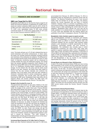 National News
FINANCE AND ECONOMY
SME Loan Target Set For 2010
Bangladesh Bank (BB) has for the ﬁrst time ﬁxed a target for all
banks and ﬁnancial institutions of distributing Tk 23,995 crore in
small and medium enterprise (SME) loans for 2010. Of the Tk
23,995 crore loans, state-owned commercial banks will disburse
Tk 3,897 crore, specialised banks Tk 600 crore, private
commercial banks Tk 17,478 crore, foreign banks Tk 707 crore
and non-bank ﬁnancial institutions (NBFIs) Tk 1,313

accumulated from February 16, 2009 to February 15, 2010, to
Bangladesh Bank for depositing the unclaimed money with the
treasury. The Banking Companies Act says if any account
holder does not transact for at least 10 years, the treasury
absorbs the money deposited with any bank or ﬁnancial
institution. However, there is a provision of publishing a list of
such account holders in daily newspapers. Although the ﬁnance
ministry issued a letter exempting the central bank from such
obligation, Bangladesh Bank ofﬁcials say such lists will be
made available on its website.Earlier, an unclaimed deposit of
Tk 32.61 crore was deposited with the treasury without any
publication of such lists in newspapers. (Source: The Daily Star)

By The Numbers
Total loans

Tk 23,995 crore

State banlks to give

Tk 3,897 crore

Specialised bank

Tk 600 crore

Private Bank

Tk 17,478 crore

Foreign banks

Tk 707 crore

NBFIs

Tk 1,313 crore

crore. The banks will give up to Tk 25 lakh collateral-free loan to
small enterprises and women entrepreneurs. In these cases,
the banks can consider personal guarantee including products
and machinery of the enterprises as collateral. The BB governor
told journalists that the banks would distribute the loans on area
basis. A three-tier monitoring system will be introduced to
oversee whether the loans are distributed properly. The central
bank has already identiﬁed prospective small initiatives in 64
districts for giving SME loans to the entrepreneurs, and made a
list of 131 enterprises including bakery, handicrafts and cold
storage. On the interest rate, the policy said the banks would
decide on the rate. However, the banks have been asked to
ensure that the rate remains tolerable and conforms the
operating cost of the banks. Every bank has been directed to
introduce a dedicated desk for women entrepreneurs, appoint
necessary manpower and provide them with training for
ﬁnancing the SME sector. Bangladesh Bank head ofﬁce and its
regional ofﬁces will monitor whether the SME loans are
distributed and recovered properly. (Source: The Daily Star)
Budget to Be Unveiled On June 10
The government will include no new policy initiative in the next
budget to be unveiled on June 10, rather pursue those taken
under the budget of the current ﬁscal year, Finance Minister
Abul Maal Abdul Muhith told reporters at his ministry. “The main
thrust of the next budget will be on implementing the initiatives
included in the current budget,” he said at a press brieﬁng. The
Finance Ministry will bring all 12 remaining ministries under the
medium-term budgetary framework (MTBF) for a period of ﬁve
years from the next ﬁscal, Mr Muhith said. It will offer the
government two advantages - to draw up a comprehensive
development plan for the next ﬁve years and ensure proper
utilisation of resources, he added. At present 32 ministries are
under the framework and from the next ﬁscal the remaining 12
ministries will join it. In addition, the President’s Ofﬁce, the
Prime Minister’s Ofﬁce and the Parliament will also be brought
under the MTBF, he said. Power and energy will get the
maximum priority in the next budget and the targets for the two
sectors in 2010-11 will be time-bound, Mr Muhtih said. He said
most of the ministries’ capacity of implementing projects is poor
and it should be improved. “The main problem is
implementation and the government will put focus on the issue,”
he added. (Source: The Financial Express)
Unclaimed Bank Deposits of Tk 3.88cr Sent to Treasury
Banks and other ﬁnancial institutions have sent Tk 3.88 crore,

08

Bangladesh, India chambers agree to speed up trade
The India-Bangladesh Chamber of Commerce and Industry
(IBCCI) and Confederation of Indian Industry (CII) yesterday
agreed to speed up efforts to increase bilateral trade and
investment between the two countries. Both business bodies
adopted a joint declaration to identify opportunities for Indian
investment, technology transfer and joint ventures in
Bangladesh. The declaration also includes ways in which
Bangladeshi investment can reach India. Both sides also
agreed to organise roadshows styled ‘Invest in Bangladesh’ at
major cities in India. According to the declaration, a joint team of
CII and IBCCI will visit border sites, particularly the northeastern
states of India and Bangladesh, to help governments improve
infrastructure. About 20 top ofﬁcials from Indian IT companies
will visit Bangladesh in the six months to see business
opportunities here. (Source: The Daily Star)
Private Banks are Allowed to Open 350 Branches
A total of 30 private commercial banks (PCBs) are now running
their businesses in the country and the central bank has given
permission to 27 for opening around 350 branches throughout
the country. Of the total, 110 will be dedicated for small and
medium enterprises and agricultural loans by this calendar year.
The central bank will cancel such permissions if the banks fail
to open their branches by December 31. The bank has provided
licenses, for the ﬁrst time, to the PCBs for opening
SME/Agriculture branches to gear up ﬁnancing to the SMEs
and farmers. Besides, it is converting SME service centers,
which are located outside of divisional headquarters, into
SME/Agriculture branches to provide better services to their
clients. The banks are now providing services through over 200
SME service centers across the country. (Source: Financial
Express)
Government’s Interest Payment Rises
The government spending on payment of interest rises by the
year because of its dependence on internal borrowing to meet a
budget deﬁcit. A preliminary estimate shows such spending is
likely to reach Tk 17,000 crore in the next budget from Tk
14,690 crore in the revised budget of the current ﬁscal year.
The next budget deﬁcit has been projected at Tk 39,000
crore,54 percent of which is planned to borrow from local banks
and savings instruments. Around 55 percent of the Tk 31,039
crore deﬁcit in the current year’s revised budget is also being

 