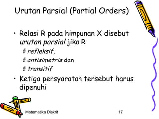 Urutan Parsial (Partial Orders)
• Relasi R pada himpunan X disebut
urutan parsial jika R
refleksif,
antisimetris dan
transitif

• Ketiga persyaratan tersebut harus
dipenuhi

Matematika Diskrit

17

 