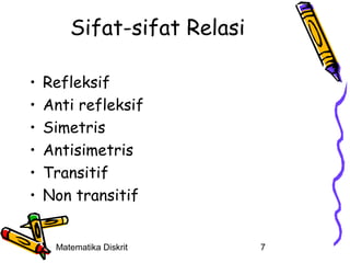 Sifat-sifat Relasi
•
•
•
•
•
•

Refleksif
Anti refleksif
Simetris
Antisimetris
Transitif
Non transitif
Matematika Diskrit

7

 