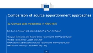 JRC
Comparison of source apportionment approaches
8a Giornata della modellistica in ARIA(NET)
Belis C.A.1, G. Pirovano2, M.G. Villani3, G. Calori 4, N. Pepe4, J. P. Putaud1
1 European Commission, Joint Research Centre, via Fermi 2749, 21027 Ispra (VA), Italy
2 RSE Spa, via Rubattino 54, 20134, Milan, Italy
3 ENEA Laboratory of Atmospheric Pollution, via Fermi 2749, 21027 Ispra (VA), Italy
4 ARIANET s.r.l. via Gilino, 9 - 20128 Milan (MI) – Italy
 