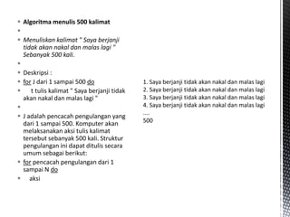  Algoritma menulis 500 kalimat

 Menuliskan kalimat " Saya berjanji
tidak akan nakal dan malas lagi "
Sebanyak 500 kali.

 Deskripsi :
 for J dari 1 sampai 500 do
 t tulis kalimat " Saya berjanji tidak
akan nakal dan malas lagi "

 J adalah pencacah pengulangan yang
dari 1 sampai 500. Komputer akan
melaksanakan aksi tulis kalimat
tersebut sebanyak 500 kali. Struktur
pengulangan ini dapat ditulis secara
umum sebagai berikut:
 for pencacah pengulangan dari 1
sampai N do
 aksi
 