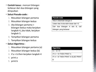  Contoh kasus : mencari bilangan
terbesar dari dua bilangan yang
diinputkan
 Solusi Pseudo-code :
1. Masukkan bilangan pertama
2. Masukkan bilangan kedua
3. Jika bilangan pertama >
bilangan kedua maka kerjakan
langkah 4, jika tidak, kerjakan
langkah 5.
4. Tampilkan bilangan pertama
5. Tampilkan bilangan kedua
 Solusi Algoritma :
1. Masukkan bilangan pertama (a)
2. Masukkan bilangan kedua (b)
3. if a > b then kerjakan langkah 4
4. print a
5. print b
 