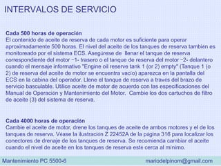 INTERVALOS DE SERVICIO
Cada 4000 horas de operación
Cambie el aceite de motor, drene los tanques de aceite de ambos motores y el de los
tanques de reserva. Véase la ilustración Z 22452A de la página 316 para localizar los
conectores de drenaje de los tanques de reserva. Se recomienda cambiar el aceite
cuando el nivel de aceite en los tanques de reserva esté cerca al mínimo.
Cada 500 horas de operación
El contenido de aceite de reserva de cada motor es suficiente para operar
aproximadamente 500 horas. El nivel del aceite de los tanques de reserva también es
monitoreado por el sistema ECS. Asegúrese de llenar el tanque de reserva
correspondiente del motor –1- trasero o el tanque de reserva del motor –2- delantero
cuando el mensaje informativo "Engine oil reserve tank 1 (or 2) empty" (Tanque 1 (o
2) de reserva del aceite de motor se encuentra vacío) aparezca en la pantalla del
ECS en la cabina del operador. Llene el tanque de reserva a través del brazo de
servicio basculable. Utilice aceite de motor de acuerdo con las especificaciones del
Manual de Operación y Mantenimiento del Motor. Cambie los dos cartuchos de filtro
de aceite (3) del sistema de reserva.
Mantenimiento PC 5500-6 mariodelpinom@gmail.com
 