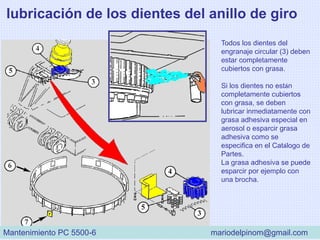 lubricación de los dientes del anillo de giro
Todos los dientes del
engranaje circular (3) deben
estar completamente
cubiertos con grasa.
Si los dientes no están
completamente cubiertos
con grasa, se deben
lubricar inmediatamente con
grasa adhesiva especial en
aerosol o esparcir grasa
adhesiva como se
especifica en el Catálogo de
Partes.
La grasa adhesiva se puede
esparcir por ejemplo con
una brocha.
Mantenimiento PC 5500-6 mariodelpinom@gmail.com
 