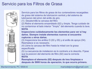 Servicio para los Filtros de Grasa
Servicio para los filtros de grasa de los contenedores recargables
de grasa del sistema de lubricación central y del sistema de
lubricación del piñón del anillo de giro.
(1) Desatornille la carcasa del filtro
(2) Retire el elemento ensamblado (02) y limpie. Tenga cuidado de
no contaminar el lado interior “limpio” del elemento cuando lo lave.
NOTA
Inspeccione cuidadosamente los elementos para ver si hay
daños. Siempre instale elementos nuevos si encuentra
rupturas u otros daños.
(3) Inspeccione los anillos O (03 y 05) y el anillo de apoyo (04).
Reemplace si es necesario.
(4) Llene la carcasa del filtro hasta la mitad con la grasa
especificada
(5) La secuencia de instalación es lo contrario a lo descrito. Fíjese
que la posición del elemento de filtro (02) sea la correcta
NOTA
Reemplace el elemento (02) después de tres limpiezas o
después de 5000 horas de operación, lo que ocurra primero.
Mantenimiento PC 5500-6 mariodelpinom@gmail.com
 