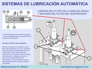 SISTEMAS DE LUBRICACIÓN AUTOMÁTICA
LIMPIEZA DEL FILTRO DE LA LÍNEA DE GRASA
Y REVISIÓN DEL FILTRO DEL RESPIRADERO
Un filtro bloqueado se puede desintegrar
cuando está bajo presión y puede dañar el
sistema de lubricación
Revisión del filtro del respiradero
Revise la condición y la sujeción de los
filtros del respiradero (3). Si es necesario
limpie los filtros del respiradero con aire
comprimido. Para retirar el filtro del
respiradero es necesario levantar la tapa
del contenedor. Asegúrese de que la
tuerca del montaje del filtro del
respiradero que está dentro de la tapa
este apretada antes de bajar la tapa del
contenedor.
Mantenimiento PC 5500-6 mariodelpinom@gmail.com
 