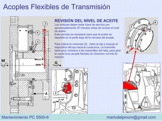 Acoples Flexibles de Transmisión
REVISIÓN DEL NIVEL DE ACEITE
Los motores deben estar fuera de servicio por
aproximadamente 30 minutos antes de revisar el nivel
de aceite.
Este período es necesario para que el aceite se
deposite en la parte baja de la carcasa del acople.
Para utilizar la manivela (2) , retire el clip y empuje el
dispositivo del eje hacia la rueda loca. La manivela
debe girar contrario a las manecillas del reloj, para girar
la rueda loca (acople flexible) en dirección normal de
rotación
Mantenimiento PC 5500-6 mariodelpinom@gmail.com
 
