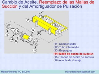 Cambio de Aceite, Reemplazo de las Mallas de
Succión y del Amortiguador de Pulsación
(11) Compensador
(12) Tubo intermedio
(13) Empaques
(14) Malla de aceite de succión
(15) Tanque de aceite de succión
(16) Acople de drenaje
Mantenimiento PC 5500-6 mariodelpinom@gmail.com
 